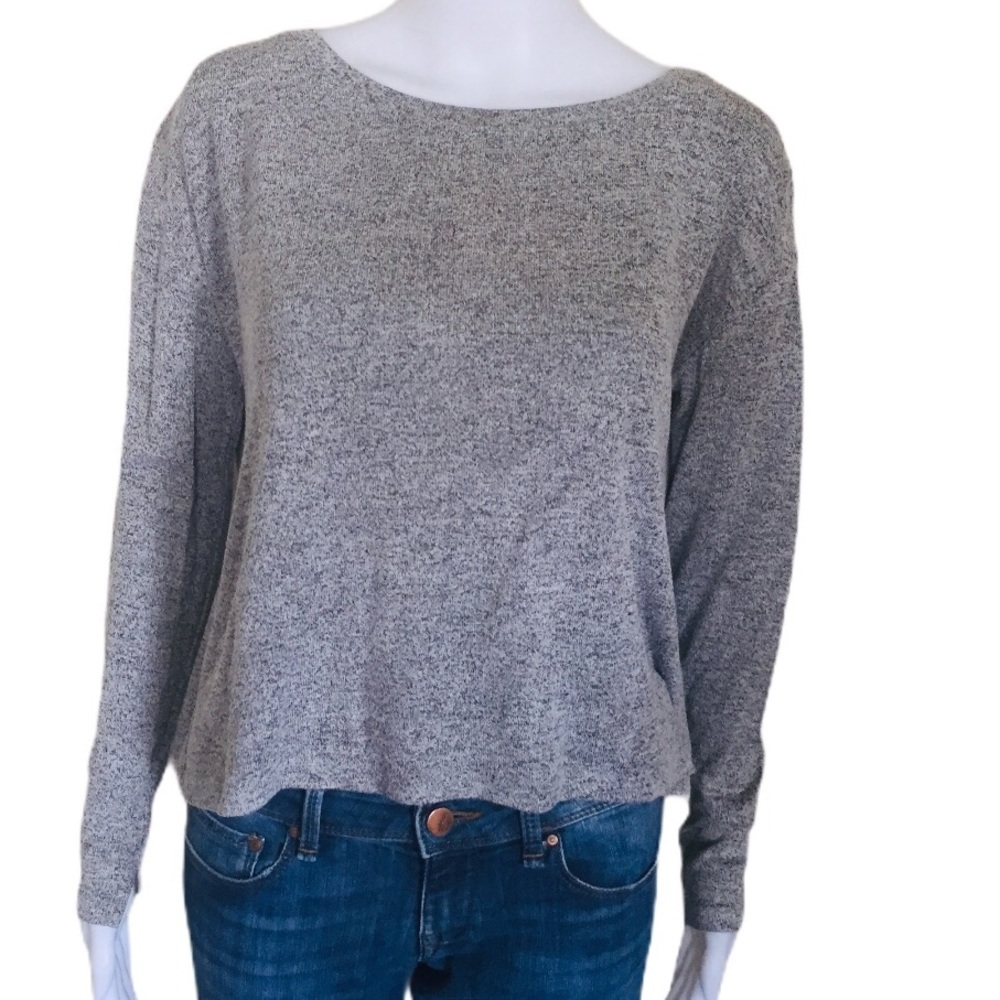 GARAGE Grey Heathered Open Cross-Back Long Sleeve Woven Top Medium Indie Sleaze